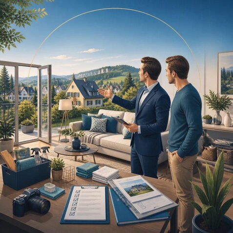 Séjour lumineux d’un appartement préparé pour la mise en vente en Suisse romande.