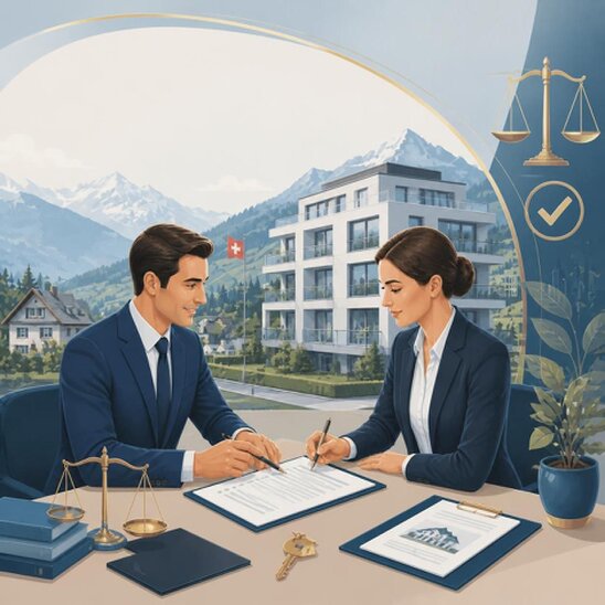 Signature d’un contrat de vente immobilière chez un notaire en Suisse.